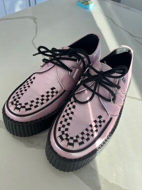TUK Pearl Pink Creeper Platform Shoes with Black Check Detail